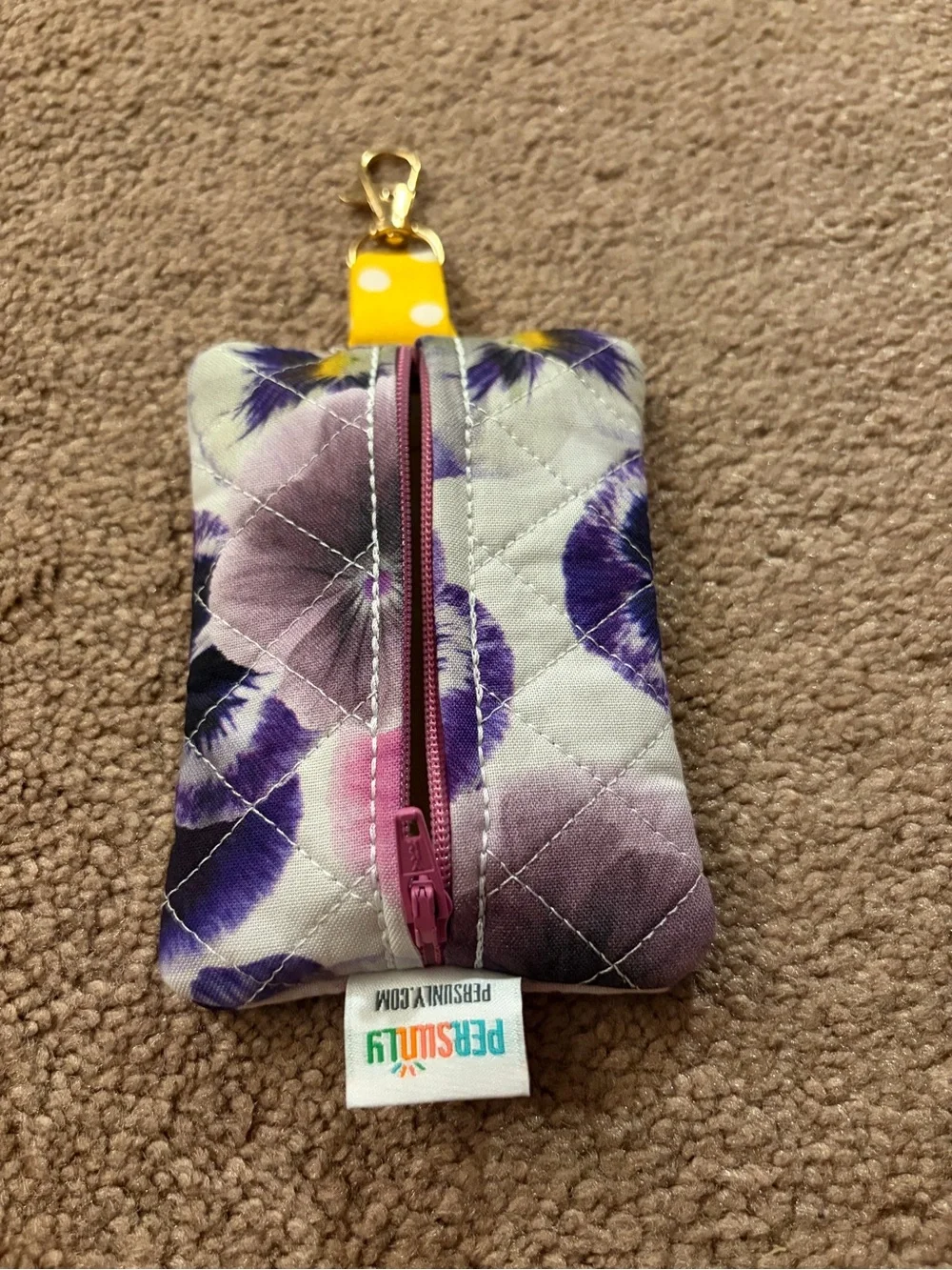 Quilted Purple Floral Key Pouch with Yellow Clip
